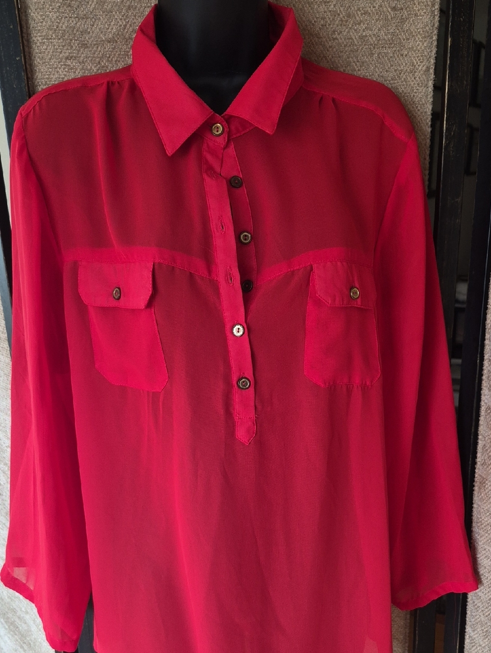Women Red Casual Button-Down Shirt with Chest Pockets